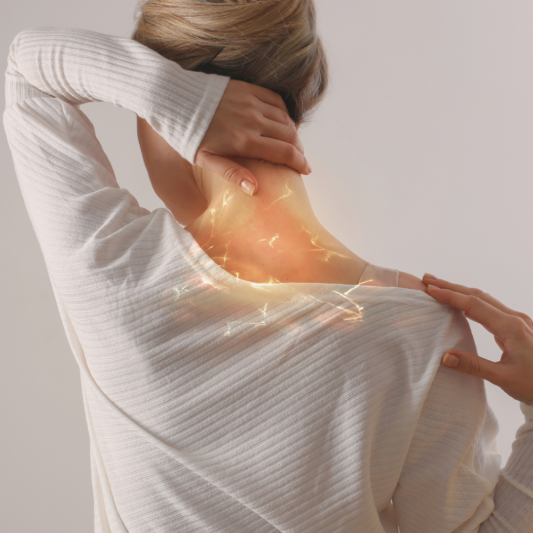 Photo of a woman's neck and shoulders with lit-up nerves depicting pain