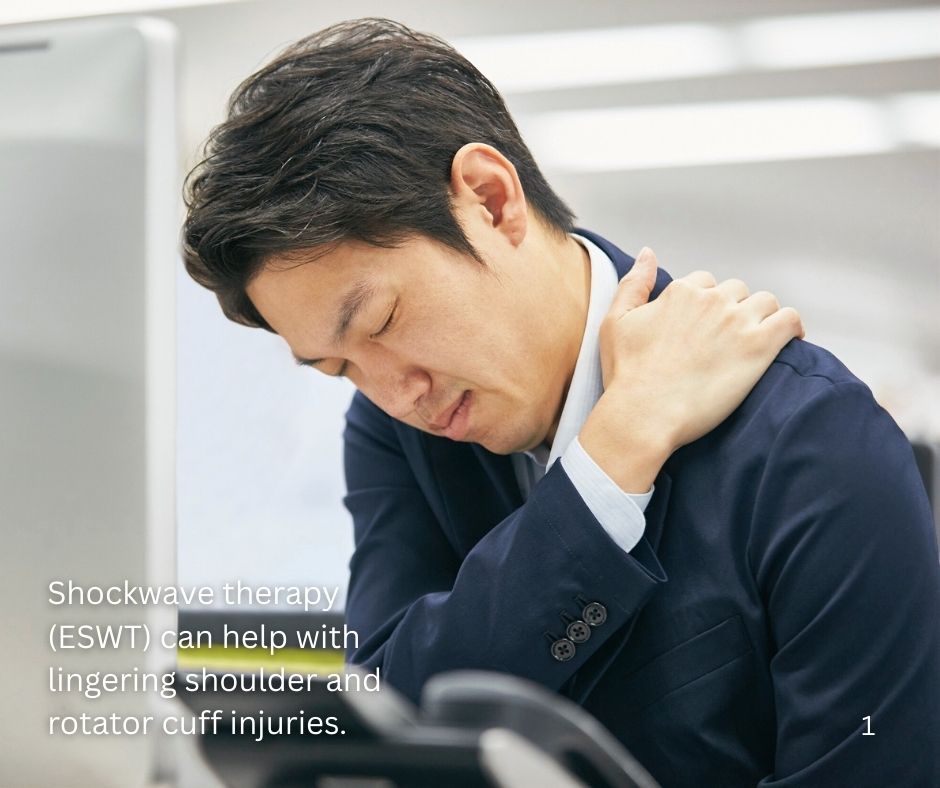 A photo of a man holding his shoulder and grimacing in pain, overlaid with text that says, "Shockwave therapy (ESWT) can help with lingering shoulder and rotator cuff injuries."